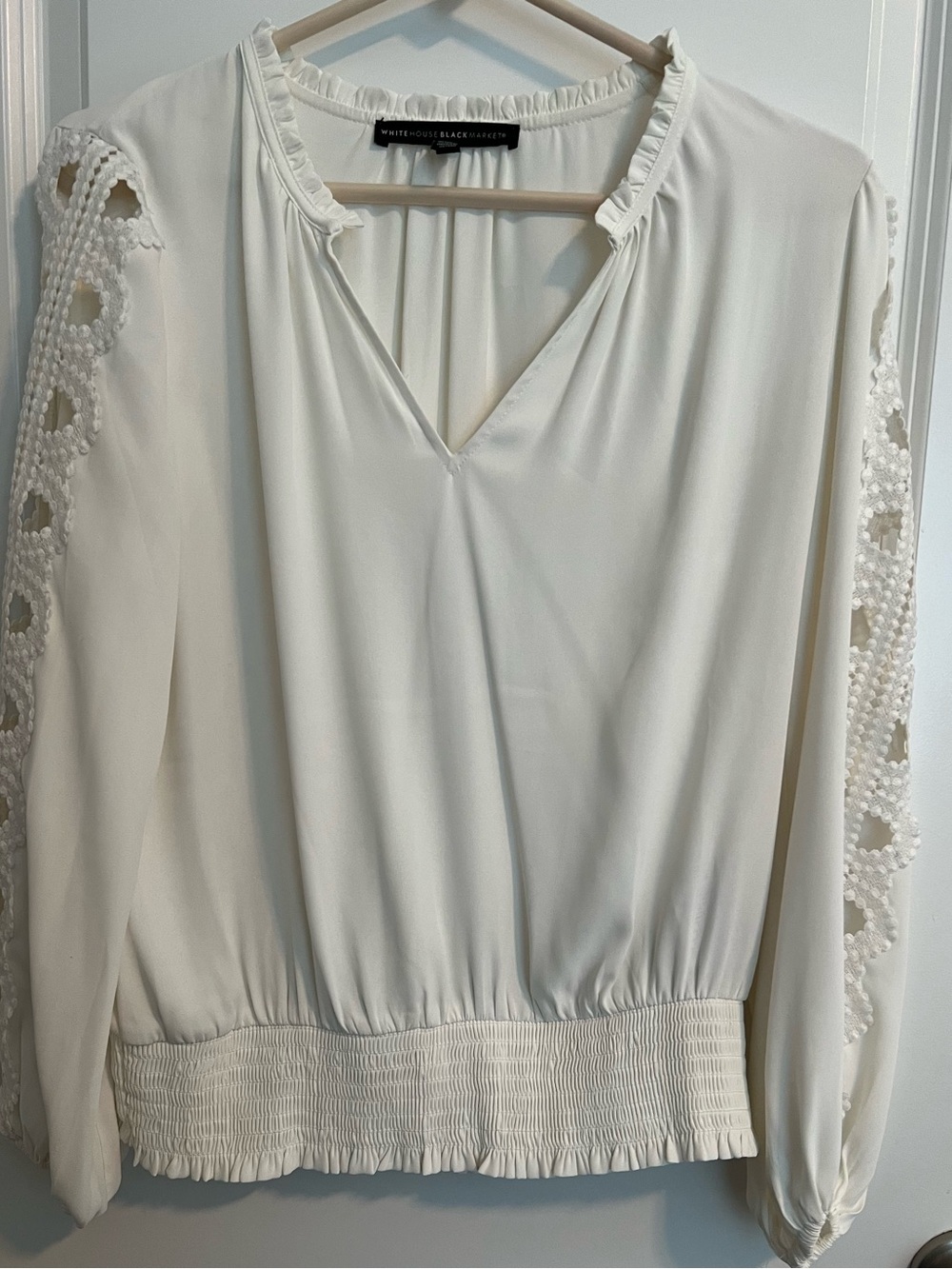 White House Black Market Ivory Crochet-Sleeve V-Neck Blouse